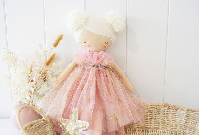 Alimrose Halle Ballerina Doll 48cm featuring a fair complexion, blonde hair and soft pink ballerina dress for imaginative play and storytelling.