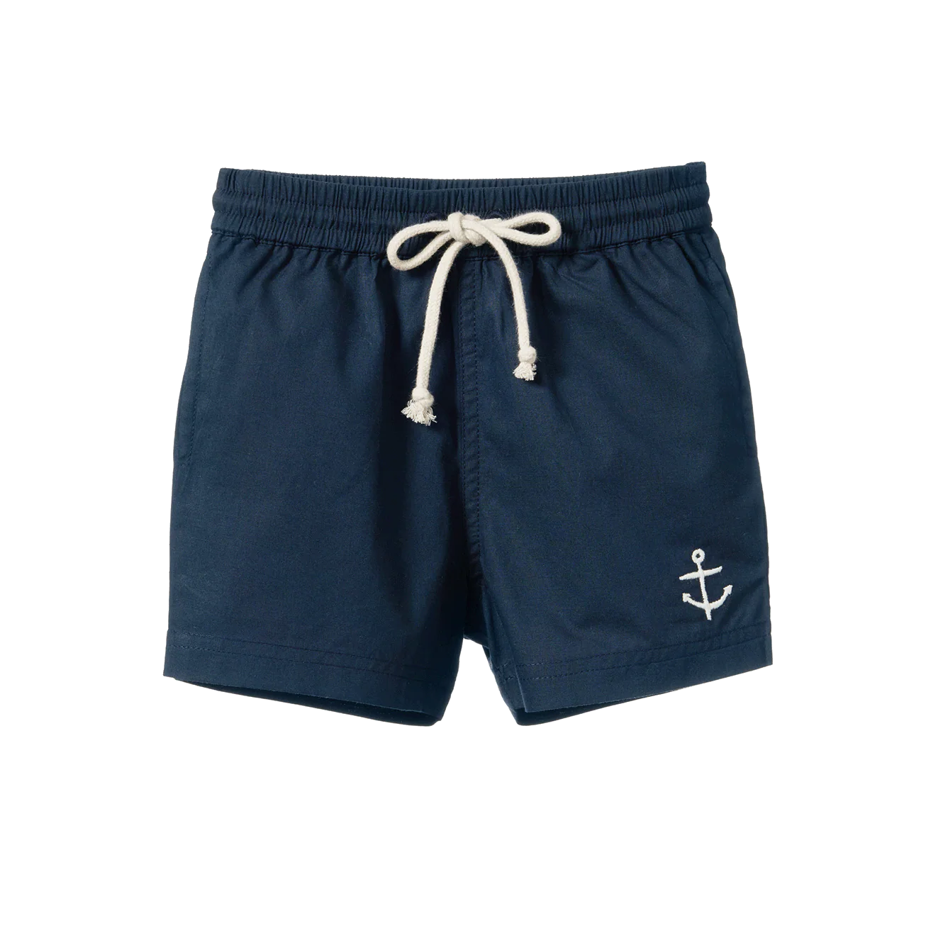 Nature Baby James Shorts in navy, featuring classic children's shorts made from soft woven fabric. The shorts have an elastic waistband with an adjustable drawstring, side pockets, a relaxed fit, and a simple knee-length design in a solid navy colour.