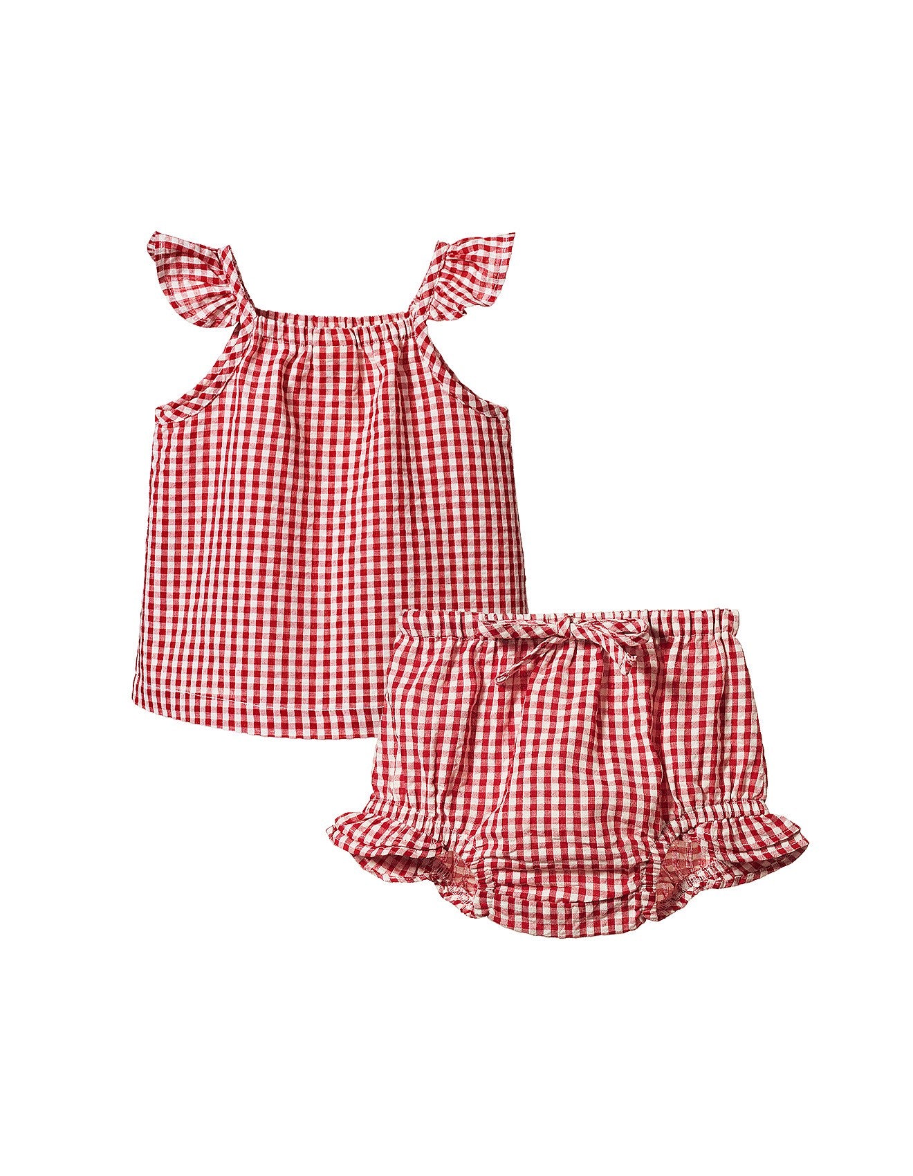 Nature Baby Petal Set in red gingham, featuring a soft organic cotton baby top and matching bottoms with a classic check pattern.