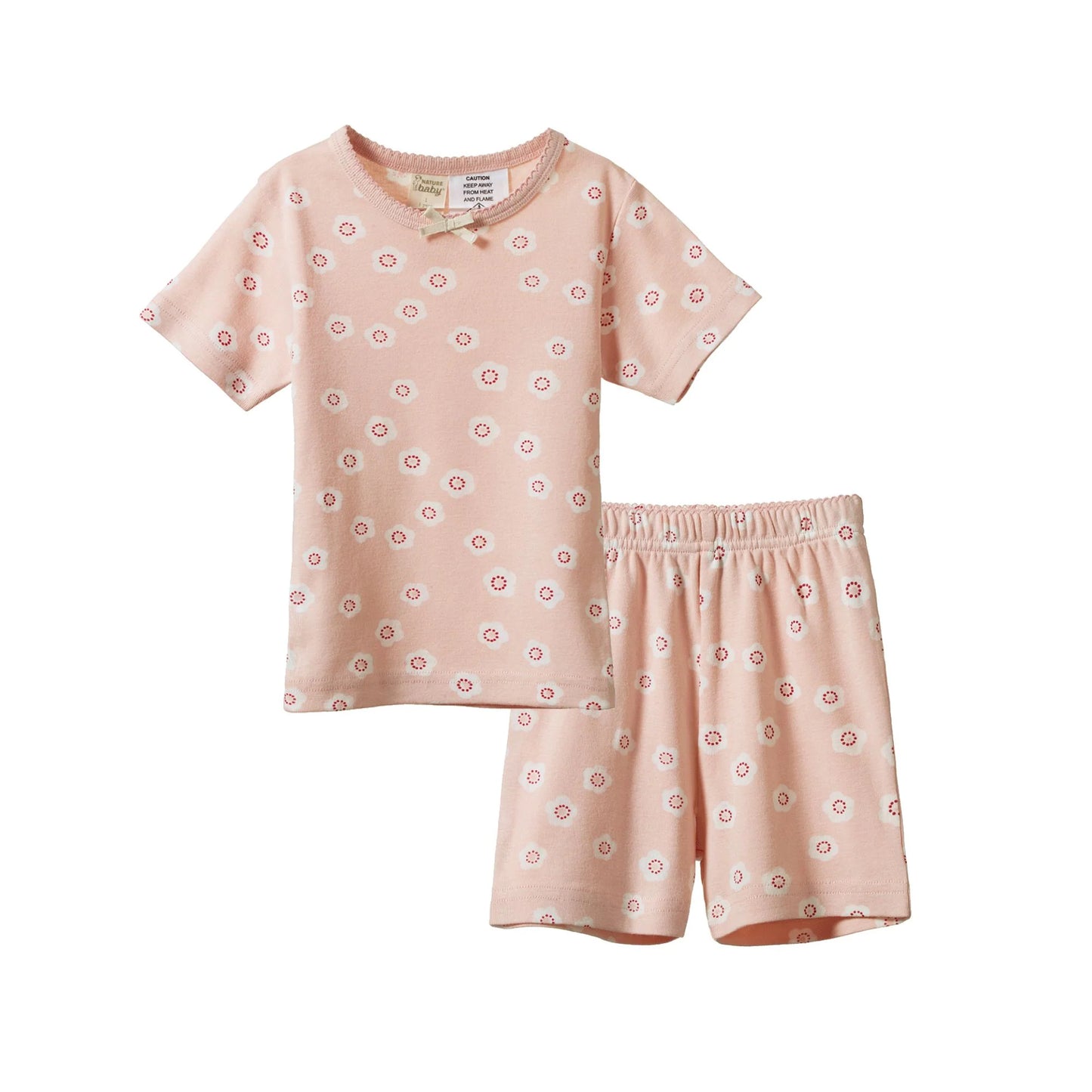 Nature Baby Shortie Pyjama Set in Flora Stamp Rose Dust print, featuring a short-sleeve crew neck top and matching shorts in soft organic cotton with an all-over floral print.