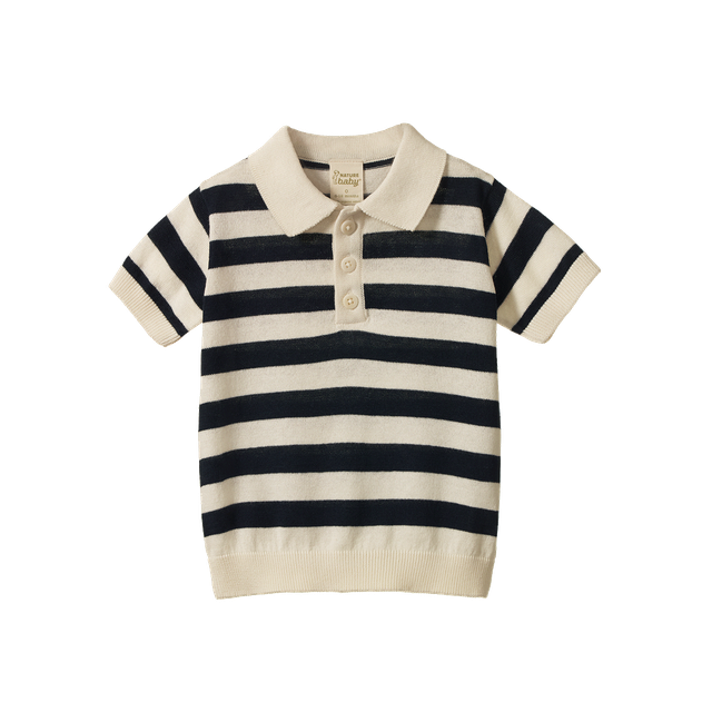 Nature Baby Stevie Polo in Navy Bold Stripe, featuring a classic short-sleeve polo shirt with wide navy and contrasting stripe pattern. The organic cotton shirt has a traditional polo collar, button placket, relaxed fit, and comfortable everyday style for children.