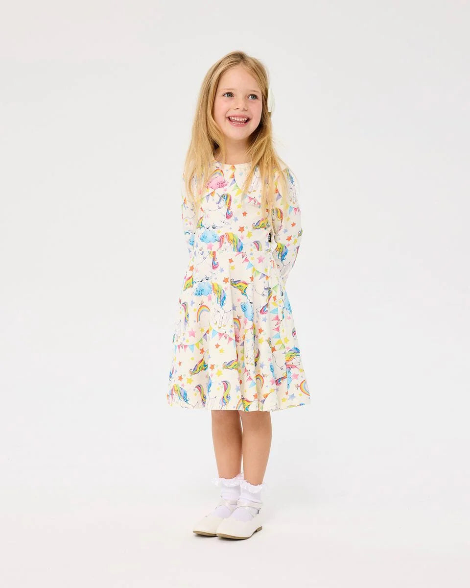Rock Your Baby Long Sleeve Waisted Dress Unicorn Flags