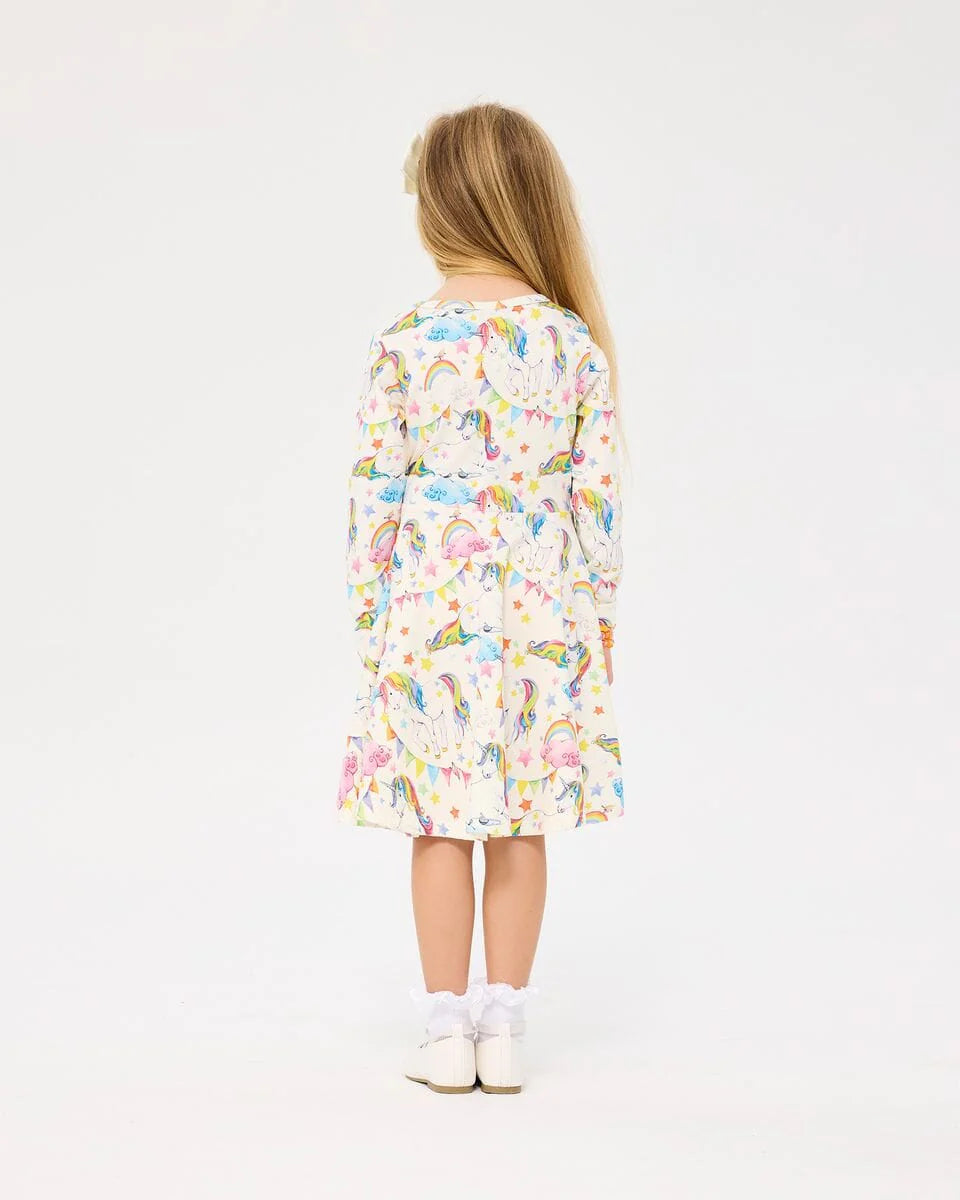 Rock Your Baby Long Sleeve Waisted Dress Unicorn Flags
