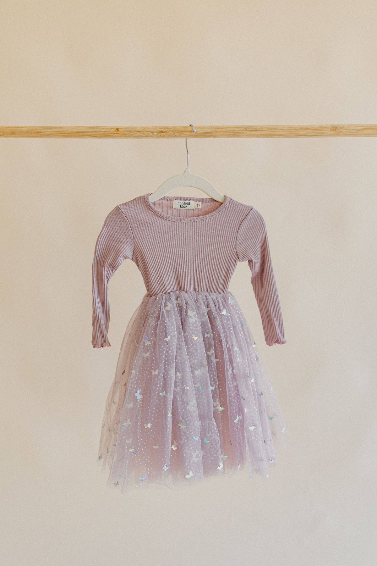 Confetti Kids Mauve Butterflies Long Sleeve Tulle Dress