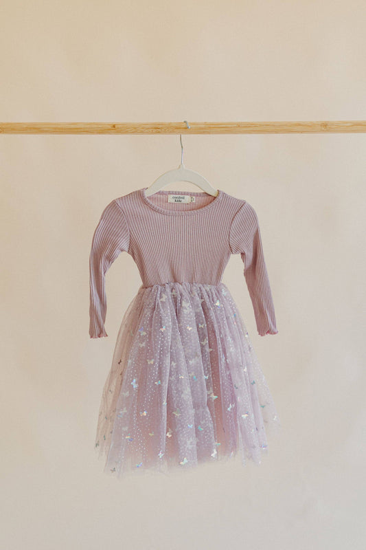 Confetti Kids Mauve Butterflies Long Sleeve Tulle Dress