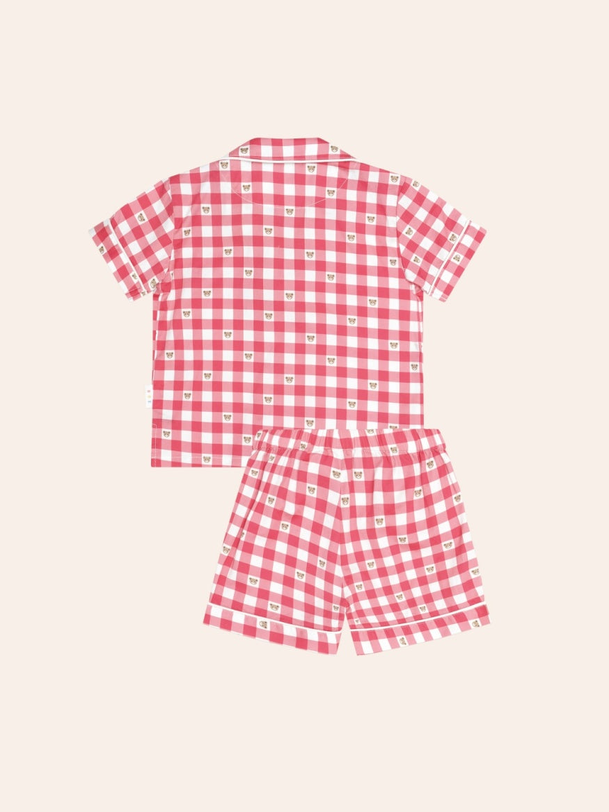 Back view of Huxbaby Huxbear Check PJ Set with cosy button-up shirt and shorts for kids’ Christmas sleepwear.
