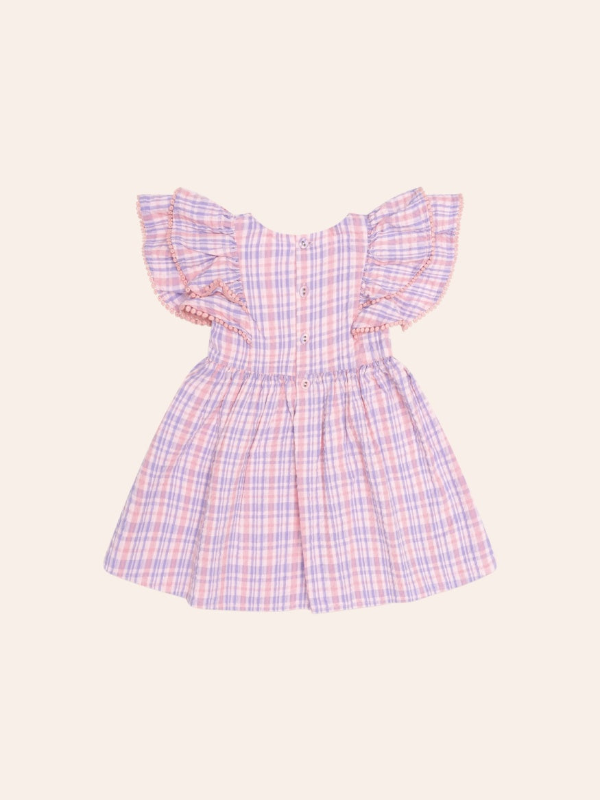 Huxbaby Floral Tropical Check Summer Dress with embroidered flowers, flutter sleeves, and a soft summer style for kids.