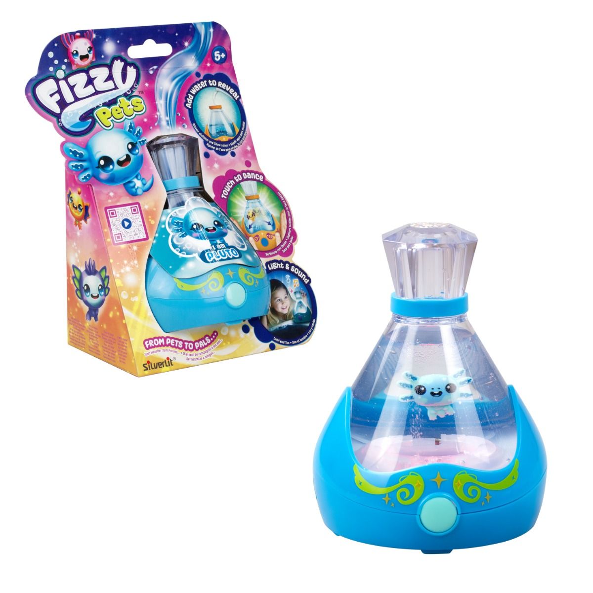 Blue SILVERLIT Fizzy Pets Assortment interactive sea pet toys swimming in water with colourful lights and fizzing surprise reveal effects.