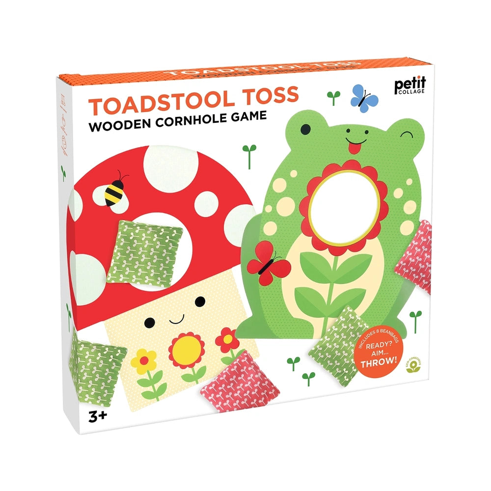 Petit Collage Toadstool Toss Wooden Cornhole Game box featuring colorful mushroom and frog designs with bean bags for a kids’ outdoor tossing game.
