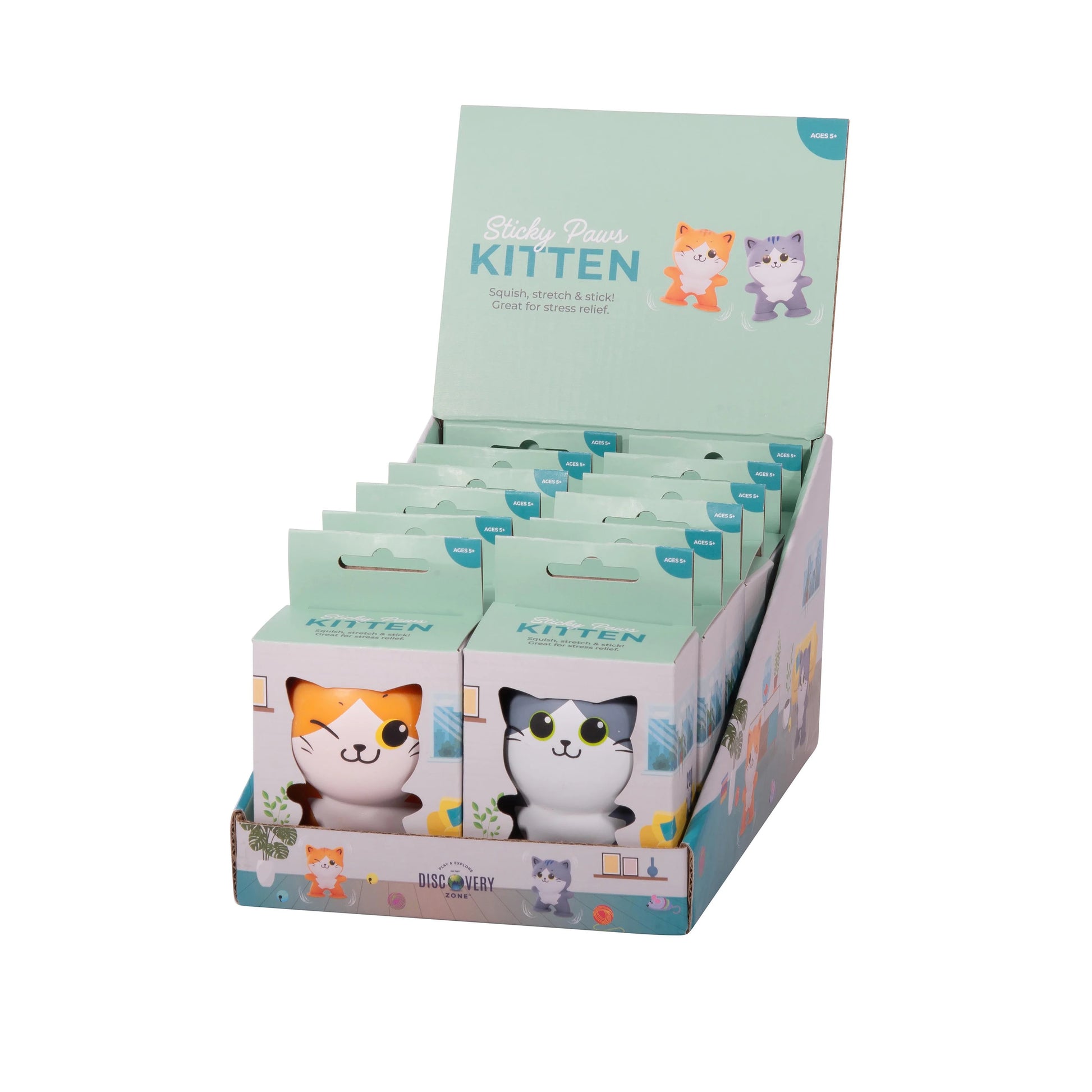 Box of Discovery Zone Sticky Paws Cat Squishy sensory toy for kids with a cute cat design, soft texture, and engaging tactile play features.