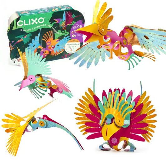 Clixo Magnetic Toy 22-piece Tropical Birds Pack, featuring colourful flexible magnetic building pieces in tropical-inspired shades of green, blue, yellow, orange, and pink. The set includes geometric shapes and connectors that snap together to create bird-themed and other imaginative 2D and 3D creations, displayed neatly on a white background.