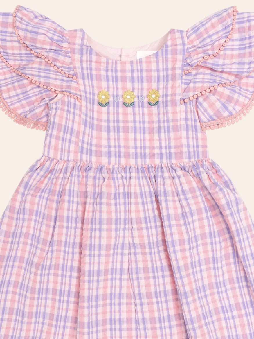 Huxbaby Floral Tropical Check Dress with embroidery detail flowers, flutter sleeves, and a soft summer style for kids.