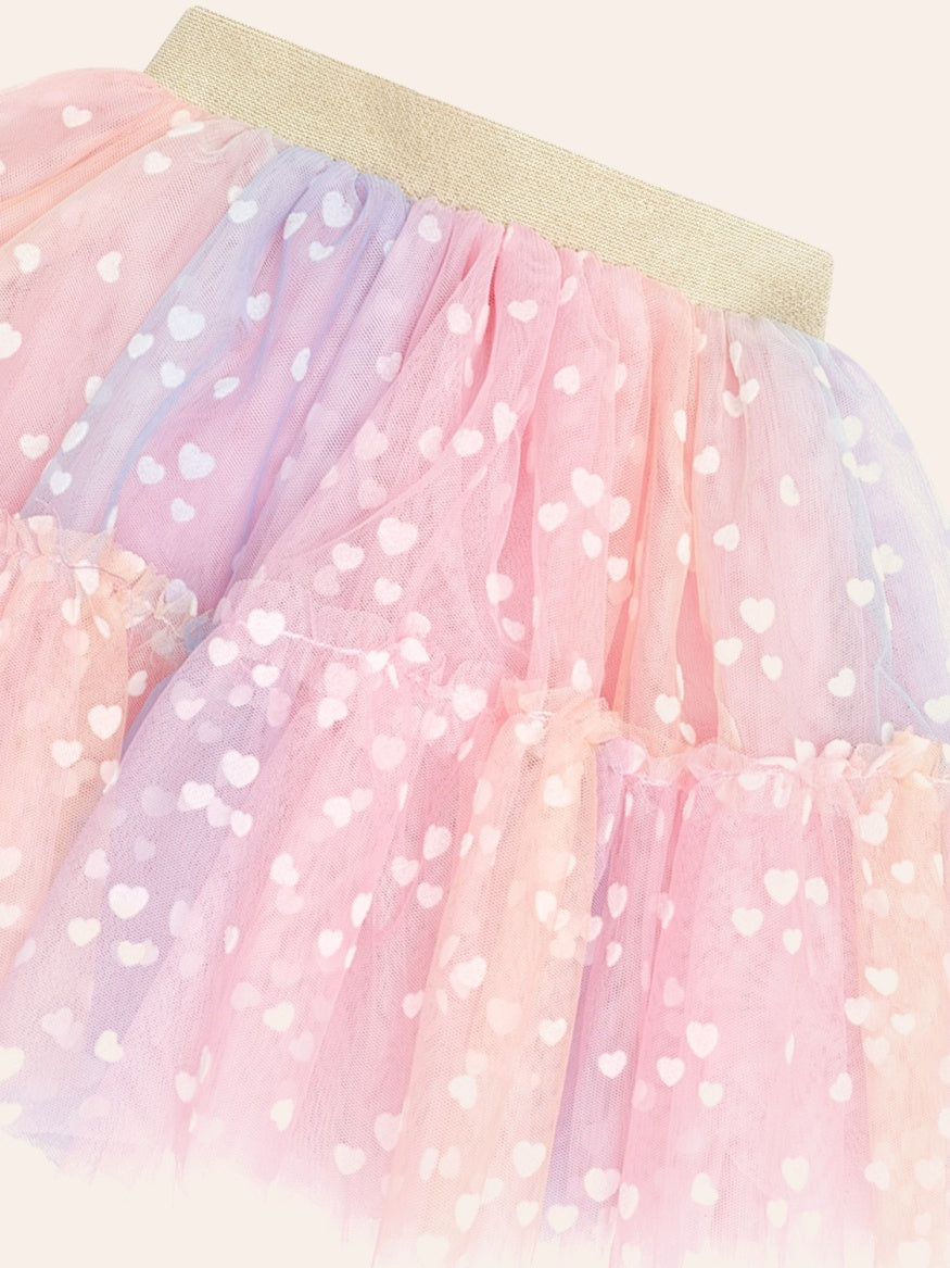 Huxbaby Rainbow Flocked Hearts Tiered Skirt featuring colourful heart details, soft layered tiers, and a playful twirl-ready design for kids.