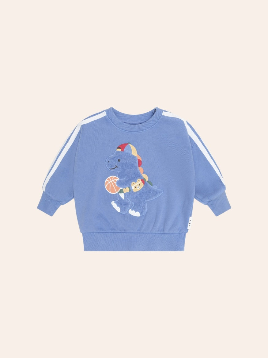 Grey sporty stripe sweatshirt featuring a playful ballerina dinosaur graphic on the front. The cosy long-sleeve jumper has contrasting stripe details and a relaxed fit, combining fun character design with a casual athletic style.