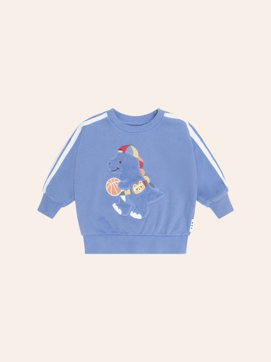 Grey sporty stripe sweatshirt featuring a playful ballerina dinosaur graphic on the front. The cosy long-sleeve jumper has contrasting stripe details and a relaxed fit, combining fun character design with a casual athletic style.