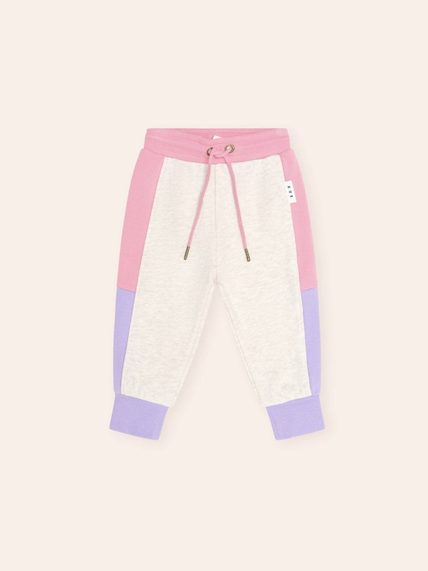 Huxbaby Colour Block Sweatpants featuring a bold colour block design, soft fabric, elastic waistband, and comfortable relaxed fit.