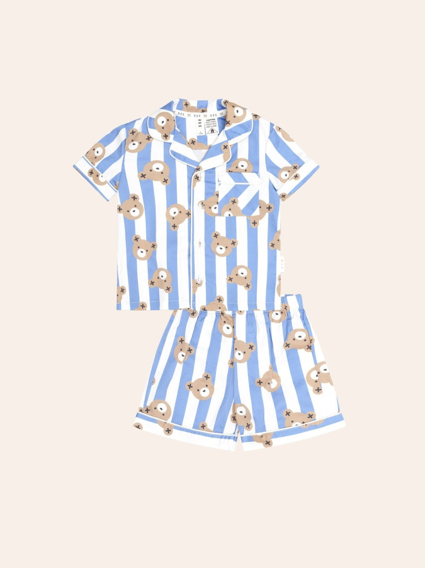 Children’s Huxbaby Nautical Huxbear Stripe PJ Set featuring a striped short sleeve pyjama top with Huxbear design and matching sleep shorts