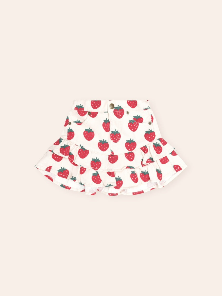 Huxbaby Strawberry Tiered Skirt for girls in a playful strawberry print with a soft, lightweight tiered design, perfect for everyday wear and twirling.