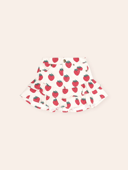 Huxbaby Strawberry Tiered Skirt for girls in a playful strawberry print with a soft, lightweight tiered design, perfect for everyday wear and twirling.