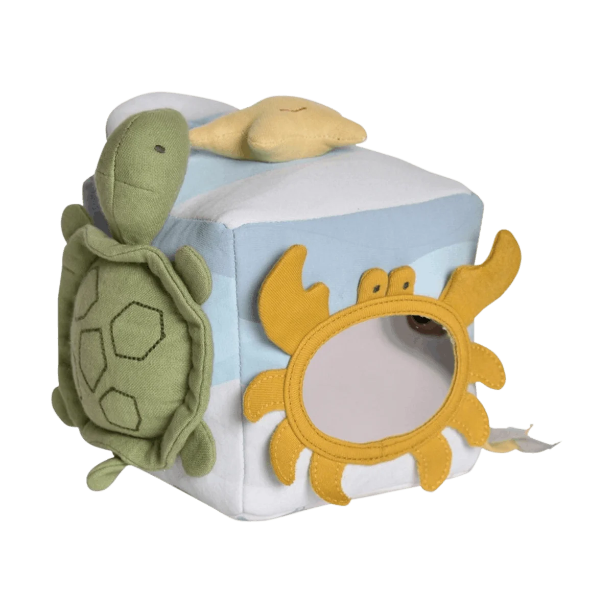 A baby sensory cube toy with a light blue and white striped fabric body, featuring a green plush sea turtle on one side, a yellow plush crab face with a mirror on the front, and a small yellow plush shell on top, shown on a white background.