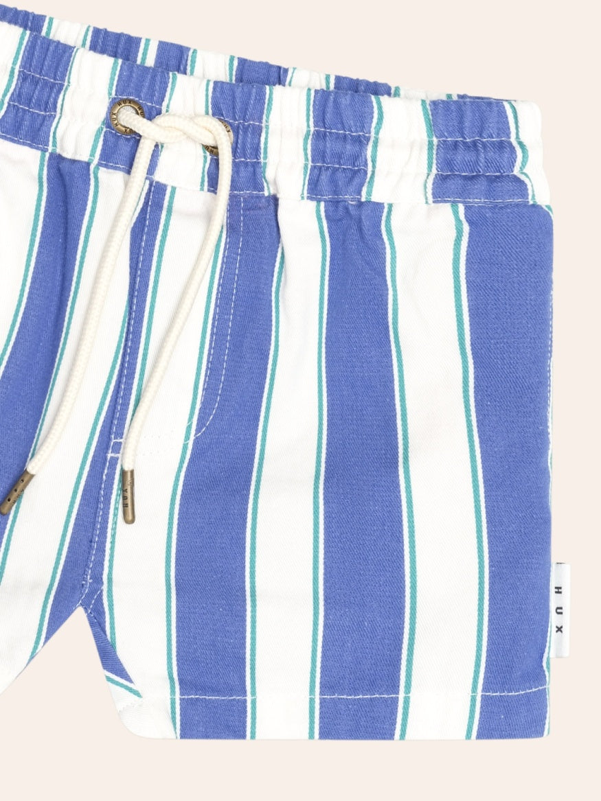 Summer Huxbaby Tropical Stripe Drawcord Shorts featuring a bold tropical stripe pattern, relaxed fit, adjustable drawcord waistband, and lightweight summer design.