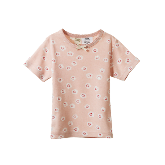 Nature Baby Shortie Pyjama Set Top Flora Stamp Rose Dust Print featuring soft organic cotton kids’ sleepwear with floral design.