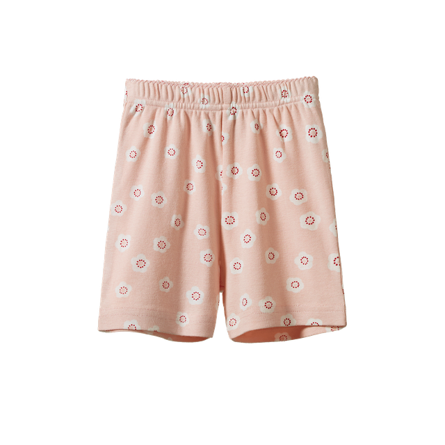 Nature Baby Shortie Pyjama Set Bottom Flora Stamp Rose Dust Print featuring soft organic cotton kids’ sleepwear with floral design.