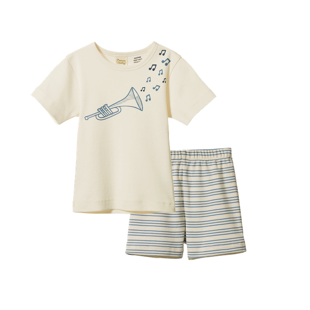 Nature Baby Shortie Pyjama Set in Jazz Rhythm Print, featuring a matching short-sleeve button-up shirt and elastic-waist shorts in an all-over abstract blue, green, yellow, and cream pattern. The lightweight organic cotton set has a relaxed fit, camp collar, and contrasting dark piping along the collar, placket, sleeves, and hems.