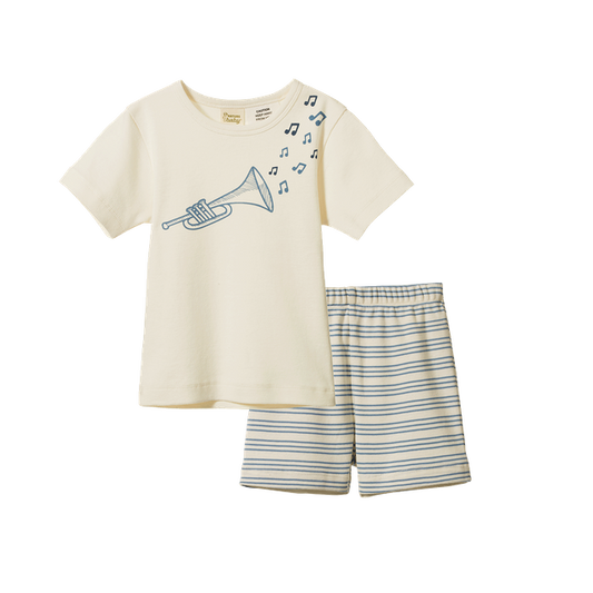 Nature Baby Shortie Pyjama Set in Jazz Rhythm Print, featuring a matching short-sleeve button-up shirt and elastic-waist shorts in an all-over abstract blue, green, yellow, and cream pattern. The lightweight organic cotton set has a relaxed fit, camp collar, and contrasting dark piping along the collar, placket, sleeves, and hems.
