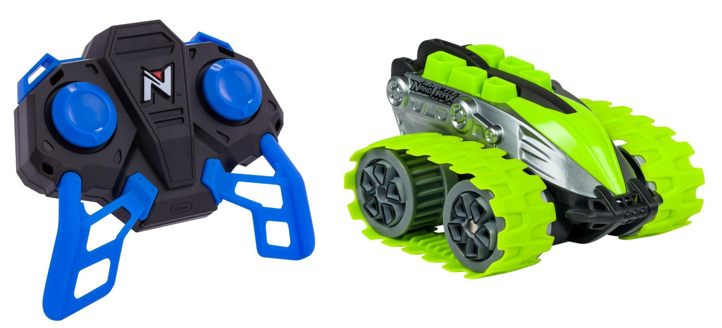 Green Nikko NanoTrax remote control vehicle with grippy treads for all-terrain racing, obstacle courses and outdoor adventure play.