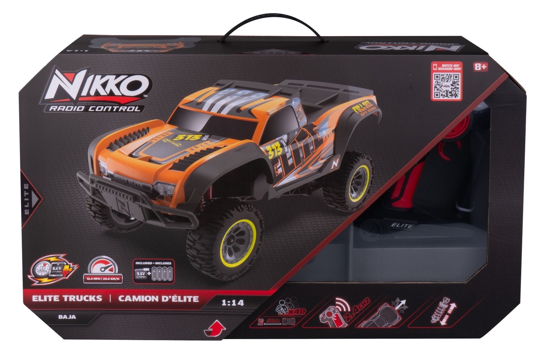 Orange Nikko RC Elite Truck remote control off-road vehicle with rugged tyres for outdoor play.