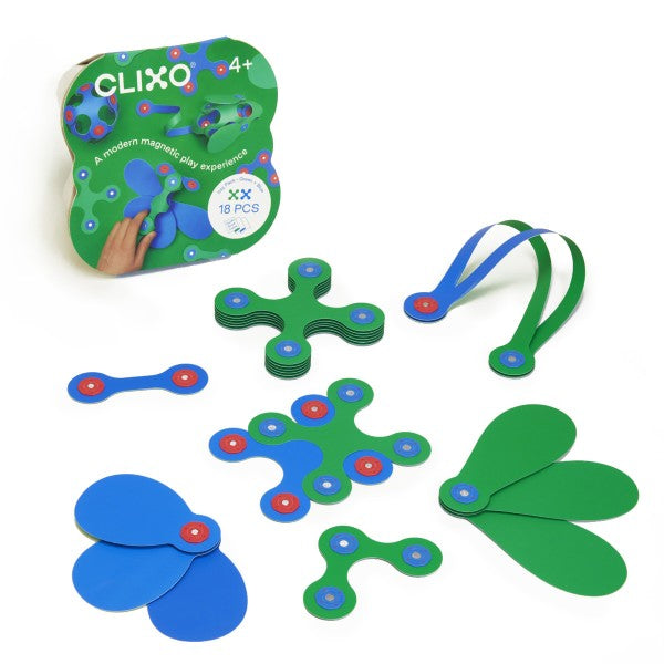 Pack contents of Clixo Magnetic Toy 18-piece Itsy Pack in green and blue, featuring flexible magnetic building pieces in assorted geometric shapes. The set includes squares, triangles, and connectors designed to snap together to create a variety of 2D and 3D structures. Pieces are shown neatly arranged on a white background.