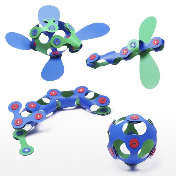 Play ideas for Clixo Magnetic Toy 18-piece Itsy Pack in green and blue, featuring flexible magnetic building pieces in assorted geometric shapes. The set includes squares, triangles, and connectors designed to snap together to create a variety of 2D and 3D structures. Pieces are shown neatly arranged on a white background.