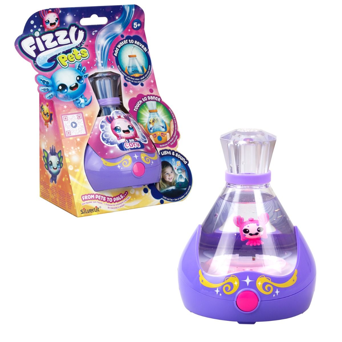 Purple SILVERLIT Fizzy Pets Assortment interactive sea pet toys swimming in water with colourful lights and fizzing surprise reveal effects.