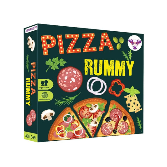 Purple Cow Pizza Rummy educational strategy game with colourful magnetic pizza toppings for matching, sorting and family gameplay.