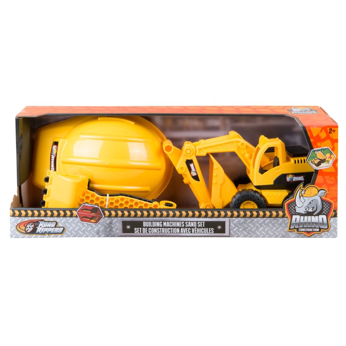 Rhino Construction Building Machines Sand Set with toy construction excavator truck, operator helmet and sand tools for creative outdoor play.