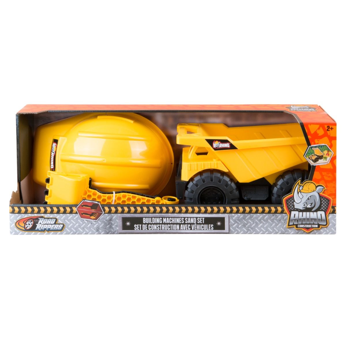 Rhino Construction Building Machines Sand Set with toy construction dump truck, operator helmet and sand tools for creative outdoor play.