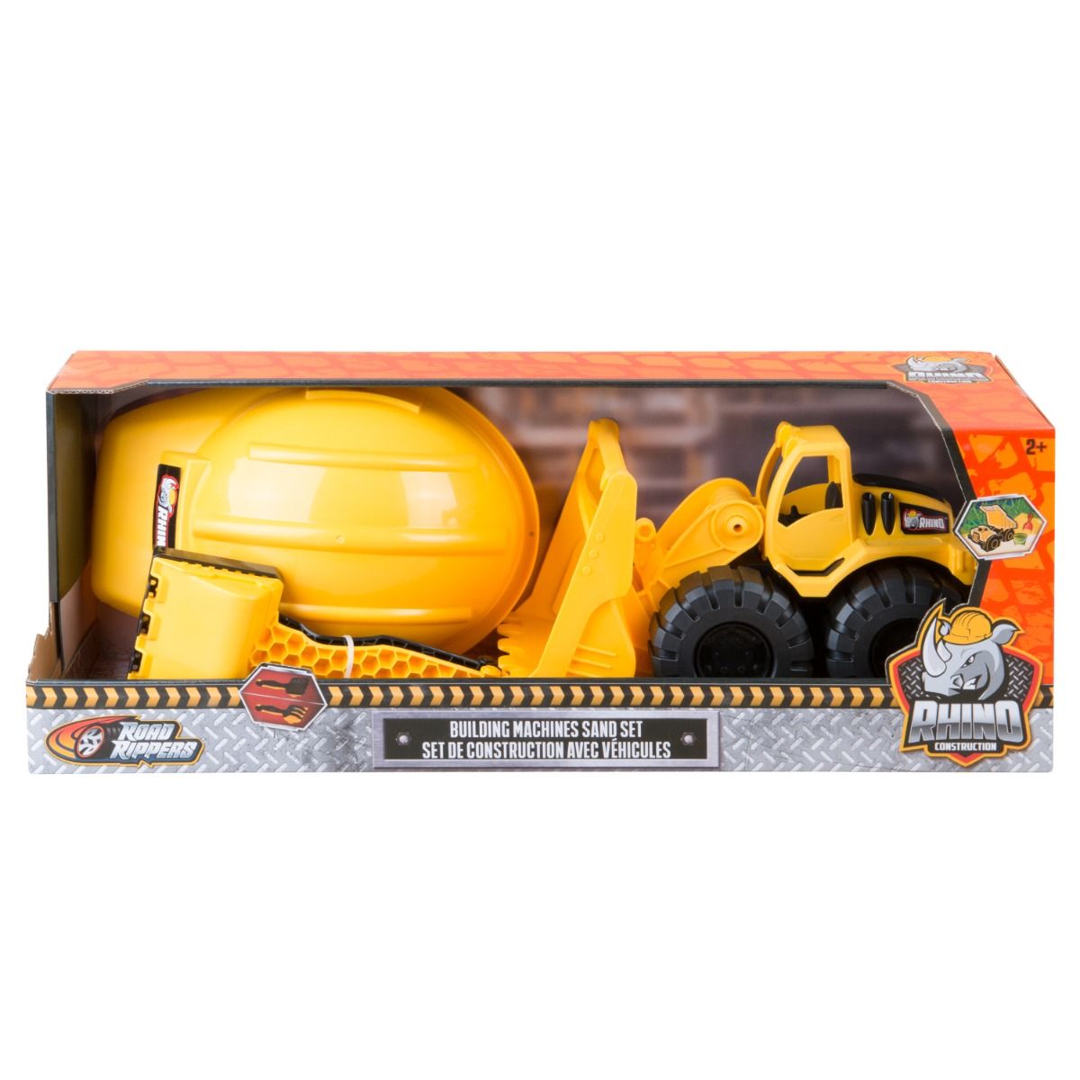 Rhino Construction Building Machines Sand Set with toy construction earth mover truck, operator helmet and sand tools for creative outdoor play.