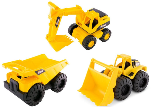 Rhino Construction Building Machines Sand Set with toy construction truck, operator helmet and sand tools for creative outdoor play.