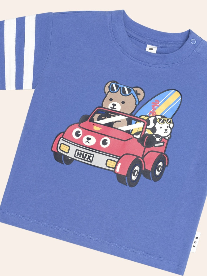 Print of Huxbaby Beach Buggy Sporty Slouchy Tee featuring a relaxed oversized fit, soft fabric, and sporty beach-inspired design for kids.