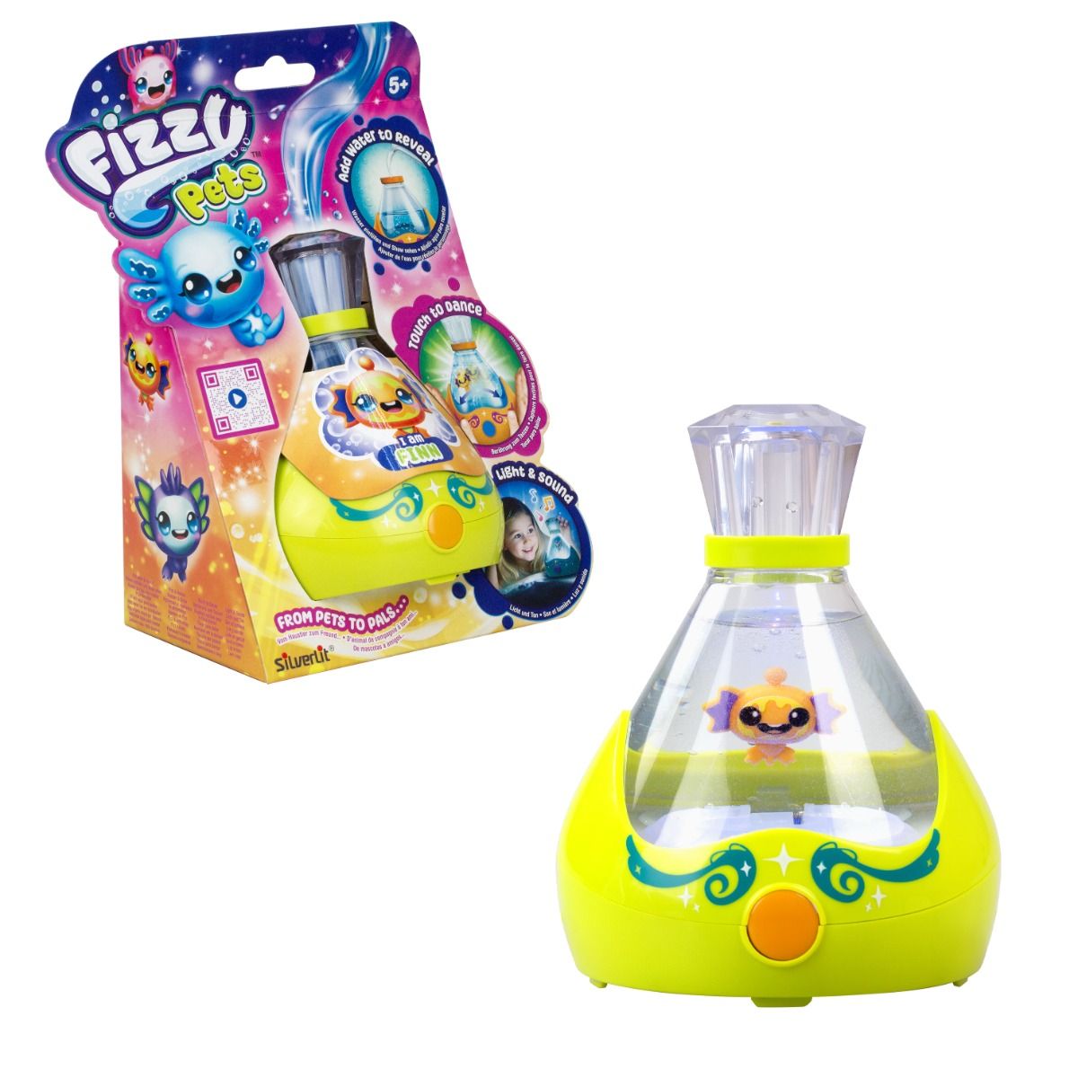 Yellow SILVERLIT Fizzy Pets Assortment interactive sea pet toys swimming in water with colourful lights and fizzing surprise reveal effects.