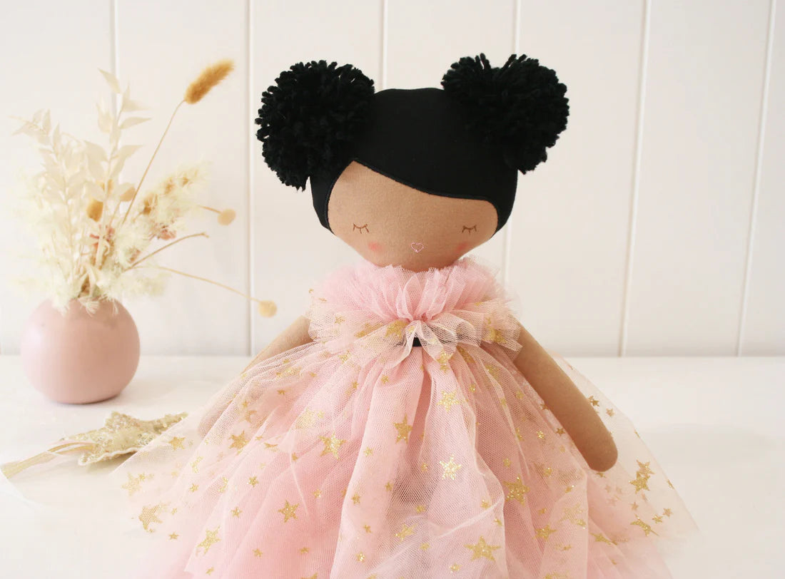 Alimrose Halle Ballerina Doll 48cm featuring Light Brown skin, Ebony hair and a soft pink ballerina dress for imaginative and nurturing play.