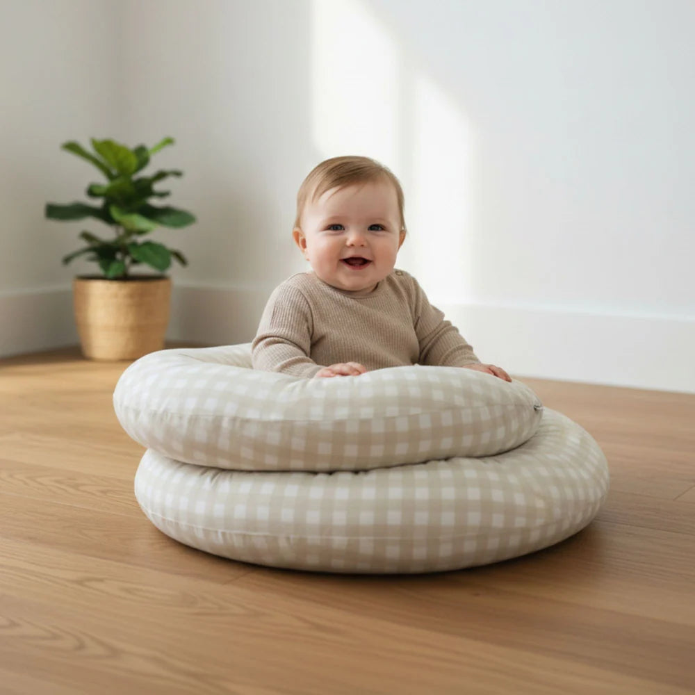 BabyStudio The Ultimate Body Pillow  Pregnancy & Breastfeeding Support Pillow Gingham Beige
