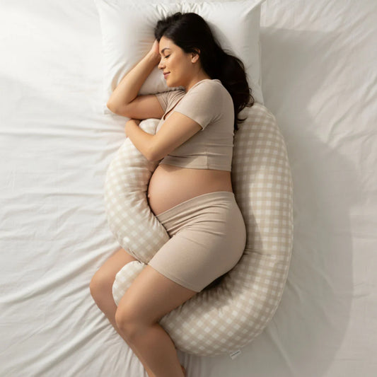 BabyStudio The Ultimate Body Pillow  Pregnancy & Breastfeeding Support Pillow Gingham Beige