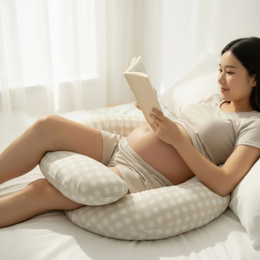 BabyStudio The Ultimate Body Pillow  Pregnancy & Breastfeeding Support Pillow Gingham Beige