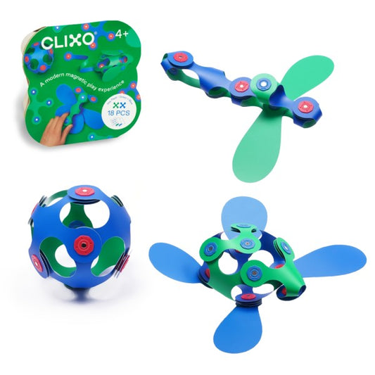 Clixo Magnetic Toy 18-piece Itsy Pack in green and blue, featuring flexible magnetic building pieces in assorted geometric shapes. The set includes squares, triangles, and connectors designed to snap together to create a variety of 2D and 3D structures. Pieces are shown neatly arranged on a white background.