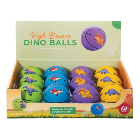 Discovery Zone High Bounce Dino Ball featuring colourful dinosaur designs, a fun bouncing toy that encourages active play, coordination and outdoor games.