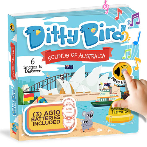 Ditty Bird Sounds of Australia book with a hand pressing a button, featuring the Sydney Opera House and a koala.