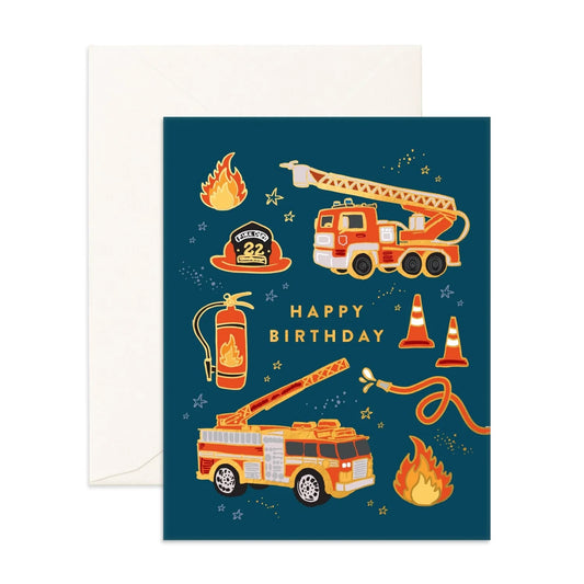 Fox & Fallow Fire Trucks Birthday Card