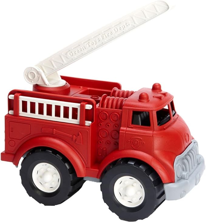 Red toy fire truck with a white ladder on a white background